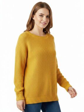 Zoey Womens S Mustard Yellow Ribbed Knit Sweater Lace Up Braided Back Crochet